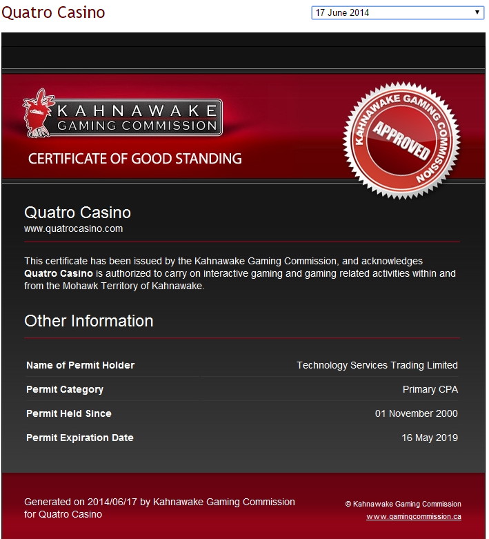 Licence de jeu du Kahnawake de Quatro Casino